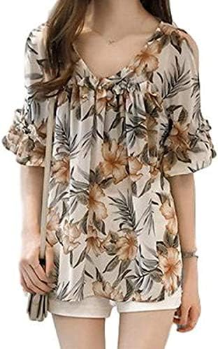 Forleaf Women’s Botanical Floral Summer Chiffon Blouse, Feminine Tiered Open Shoulder Clean, Flare, Short Sleeve