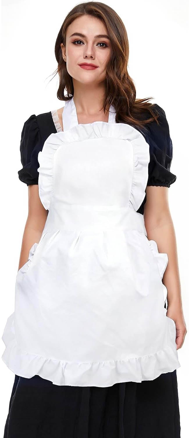 LilMents Women's Ruffle Outline Retro Apron Kitchen Cake Baking Cooking Cleaning Maid Costume (White)