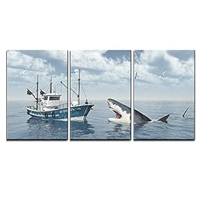 Great White And Fishing trawler - 3 Panel Canvas Art