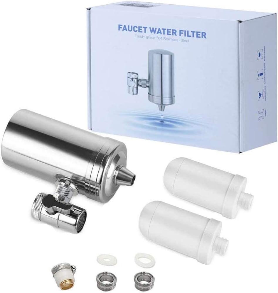 Faucet Water Filter, 304 Stainless-Steel Filtration System, Large Water Flow, Water Purifier, Reduce Chlorine, Lead Reduction, Double Outlet, Fits Standard Faucets (2 Filter Cartridges Included): Industrial & Scientific