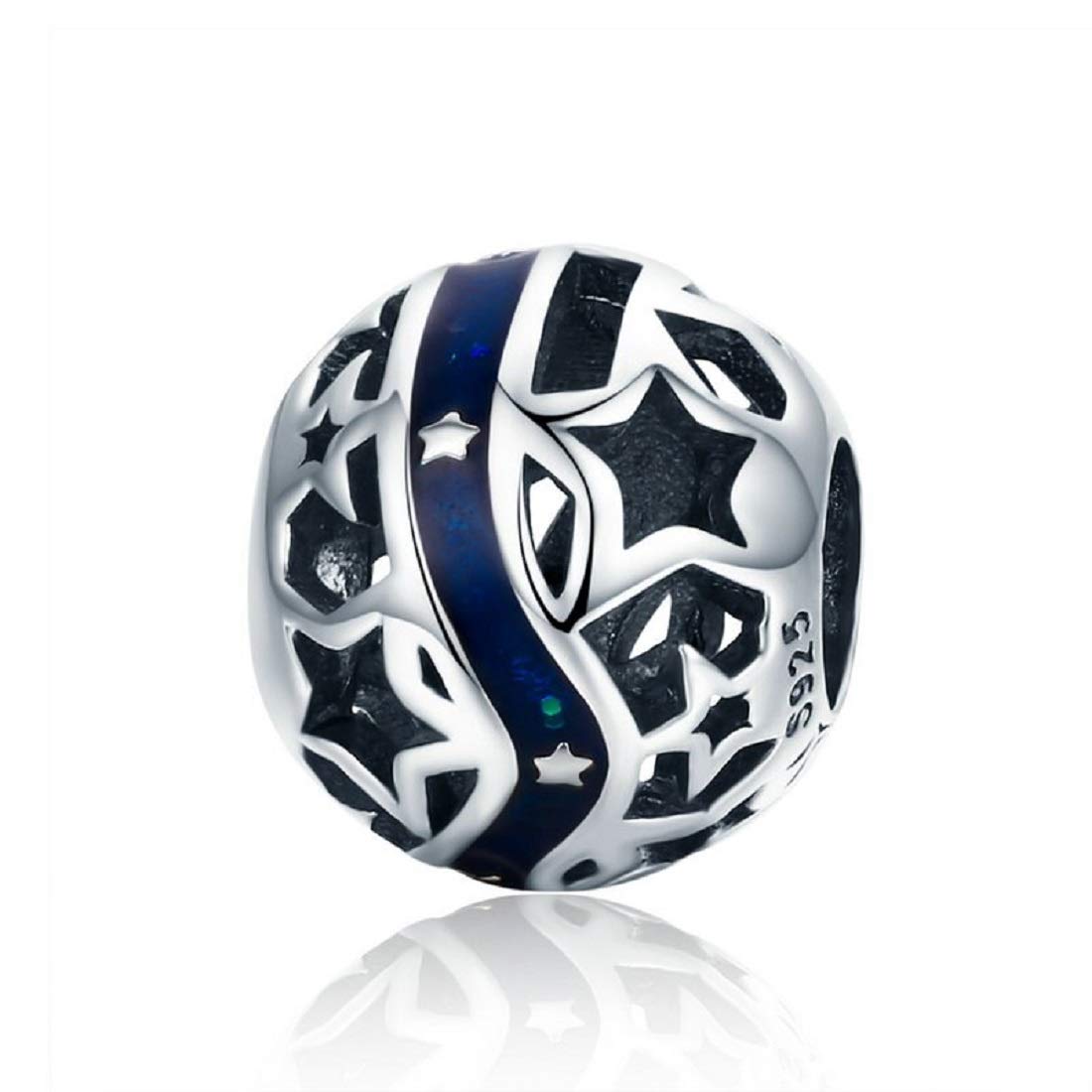 FeatherWish 925 Sterling Silver Star Nights Blue Round Bead Charm With Enamel Compatible With Pandora Bracelet