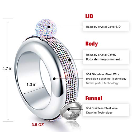 BOKIN Bracelet Bangle Flask 304 Stainless Steel with Handmade Crystal, Funnel in Gift Box for Women Girls Dance Birthday Party Club Bar, 3.5oz (Silver)