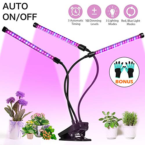 Grow Light, Plant Lights for Indoor Plants, Auto ON/Off Timing Plant Grow Lamp with Red, Blue Spectrum, 10 Dimmable Levels, 3-Head Divide Control Flexible Gooseneck Arm, 3/6/12H Memory Timer (30W)