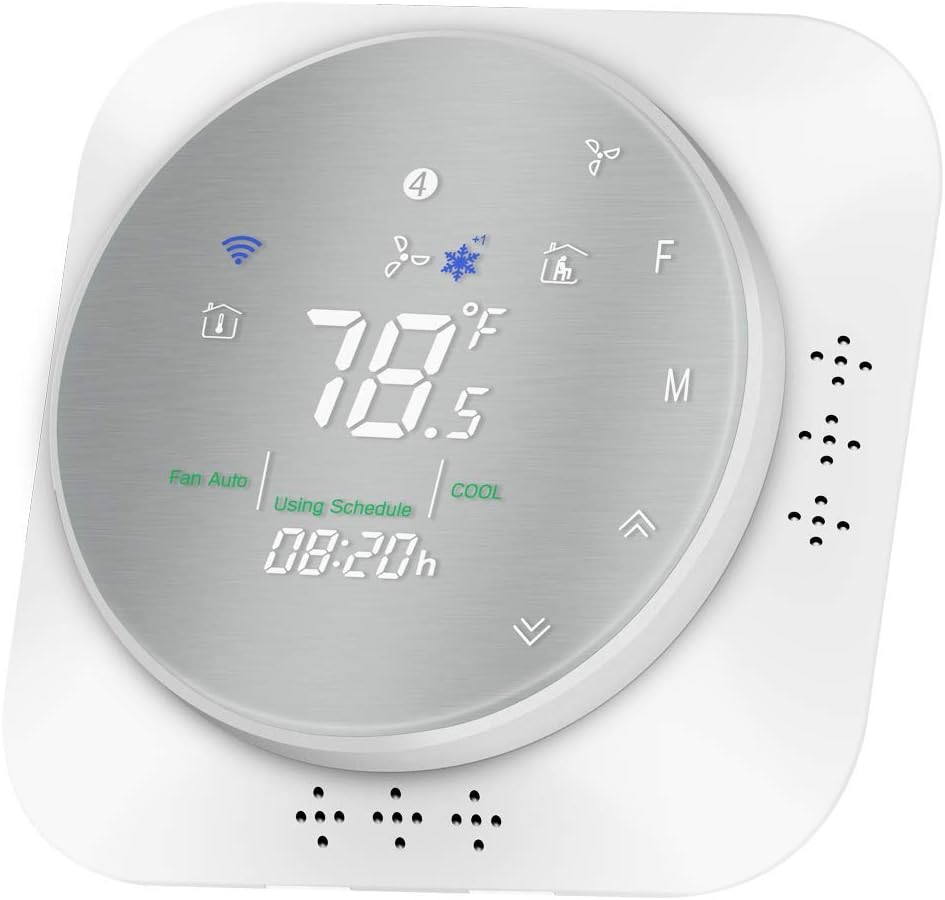 MOES Wifi Programmable Smart Thermostat, Heat Pump Temperature Controller Wireless Smart Life/Tuya App Remote Control, Compatible with Google Home and Alexa, C-Wire Required, Metal Brush Panel