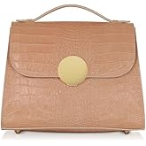LeParmentier Bombo Croco Embossed Leather Satchel, Top-Handle Bag with Strap, 9.8 x 7.9 x 3.9 inches