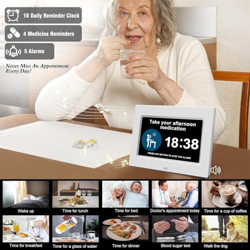 Youyu 7" Dementia Clock for Dementia Sufferers, Digital Calendar & Digital Alarm Clock for Elderly, Dementia Clocks with Days Dates and Time of Day, Remote & HD Picture Frame, White