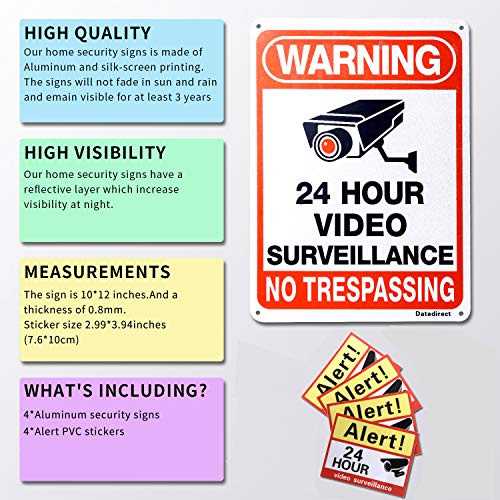 DateDirect 4-Pack Video Surveillance Sign，No Trespassing Metal Warning Aluminum Security Signs with 4 Stickers 10"x 7" 0.40 for Home Business CCTV Security Camera,UV Protected & Waterproof - Thumbnail 6