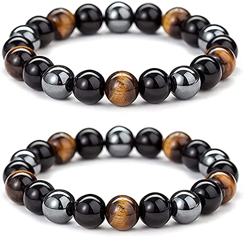 WFJ Black Obsidian Hematite Triple Protection Bracelets Set - Tiger Eye Beaded Natural Stone Bracelet for Men Women Gemstone (10MM)
