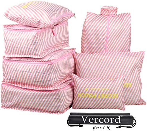 7-Piece Packing Cube Set- Travel Luggage Packing Organizers with Shoe Bag, Stripe Pink