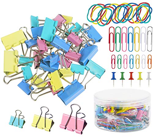 230 Pack Binder Clips, Paper Clips, Rubber Bands, Push Pins - 19mm 25mm 32mm Paper Clamps Paper Binder Clips Metal Fold Back Clips with Box Assorted Colors - Thumbnail 7