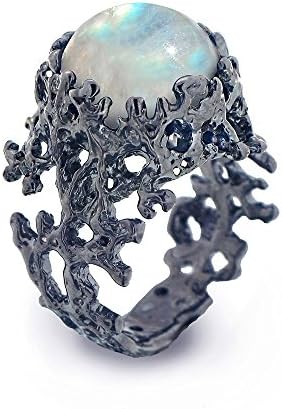 Handmade Black Oxidized Sterling Silver, Natural Rainbow Moonstone 12mm, Size 8, Coral Statement Ring