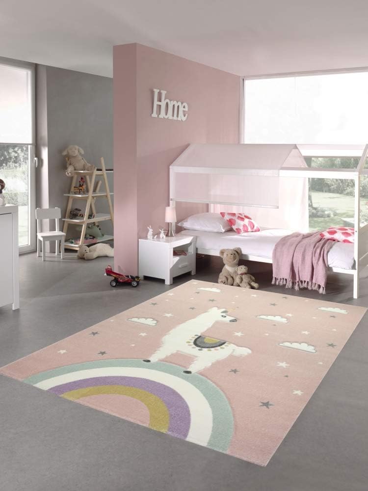 Pastel Kids Children carpet Lama play rug Lama unicorn carpet rainbow clouds in pink size 140x200 cm