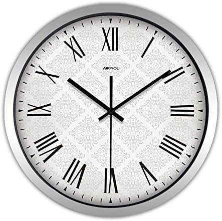 DHXY Retro Hanging Clock Roman Large Living Room Wall Clocks Simple Dark Flower Shading Quartz Clock Hanging Watch , silver , 10 inches
