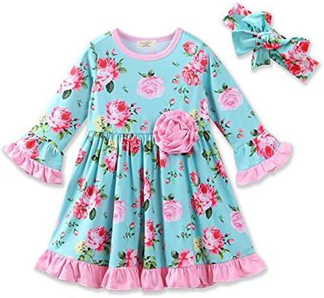 Rose Printed Dress Long Sleeve Party Dress With Headband For Baby Girls (0-6 Month, Multi-color)