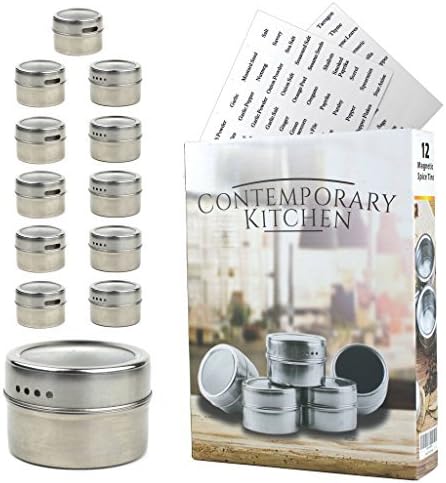 Magnetic Spice Tins | Set of 12 With 100 Labels Included | Round Stainless Steel Spice Storage Containers For Refrigerator | Pour &amp; Sift