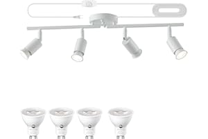 vivihobb Dimmable Plug in Track Light White 4 Light Plug in Ceiling Lighting Fixture with 16.4' Long Cord,4 Way Ceiling Spotlight,Rotatable Wall Mount Light Head,LED dimmable Spot Bulbs Included
