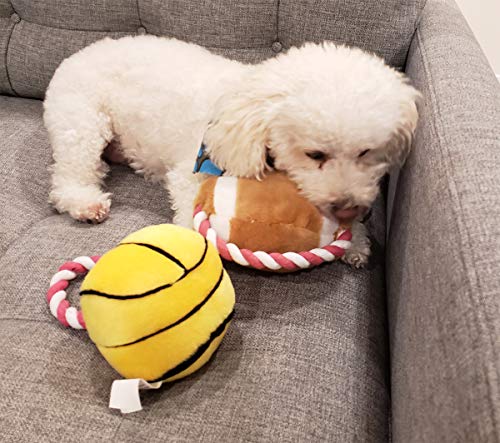 Pro Image Dog Sports Balls with a Squeaker | Soft Plush Toy, Puppy Play Toy (3 Pack) Basketball, Football & Baseball w/Attached Rope Pet tug a war