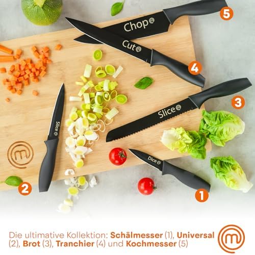Messer Set, Messerset mit Küchenmesser, Kochmesser, Brotmesser, Schälmesser & Allzweckmesser, Schneidemesser Küche Set, Scharfe Messer mit Edelstahlklingen, Softgriff, 5-teilig, Schwarz