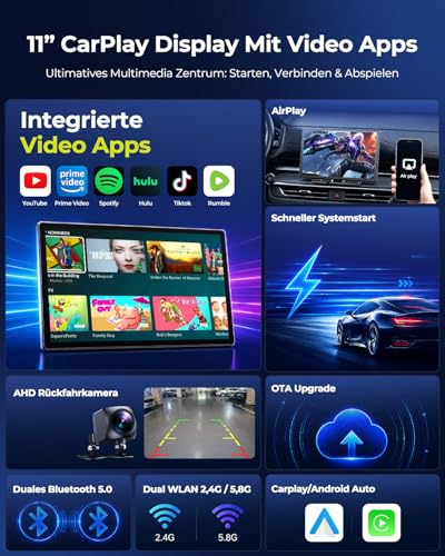 LAMTTO 11 Zoll Wireless CarPlay Display mit YouTube TikTok Video-Apps,Tragbares Autoradio für Apple CarPlay&Android Auto mit Rückfahrkamera/Navigation/In-Cell Touchscreen/Sprachassistent/OTA/Bluetooth