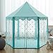 Pericross Snowflake Sheer Hexagon Princess Play Tent with Silver Tone Aluminum Alloy Frame and 10M Brass Wire 100 Diodes LED Warm White Lights (Cyan)