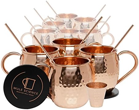Set of 10 Pure Copper Moscow Mule Mugs by Mule Science with BONUS: Highest Quality Cocktail Copper 10 Straws, 2 Shot glasses and 10 coasters!