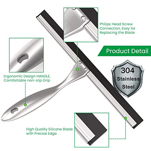 LPOLER Shower Squeegee, All-Purpose Stainless Steel Shower Cleaner for Shower Doors, Bathroom, Window, Mirror and Car Glass, Longer Handle with Hook and Screwdriver (Silver, 10 Inches)