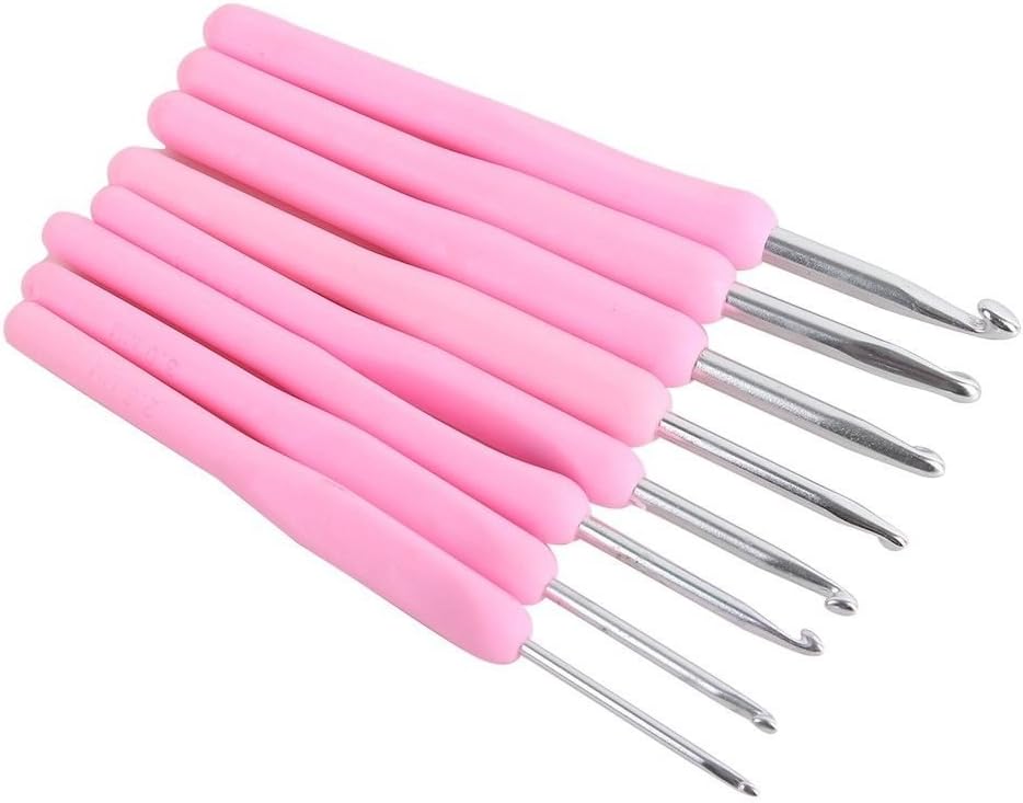 8 pcs in Set New Aluminum Crochet Hooks With Pink Ergonomic Soft Plastic Handles Good Crafted and DIY Ideas