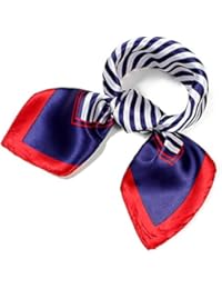 QBSM Womens Red Navy White Striped Sailor Satin Silky Formal Flight Attendant Square Scarf Neckerchief