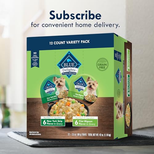 BLUE BUFFALO DELIGHTS NATURAL ADULT SMALL BREED WET DOG FOOD, VARIETY PACK, MADE WITH NATURAL INGREDIENTS, FILET MIGNON & NEW YORK STRIP RECIPE IN HEARTY GRAVY, 3.5-OZ. CUPS (12 COUNT, 6 OF EACH)