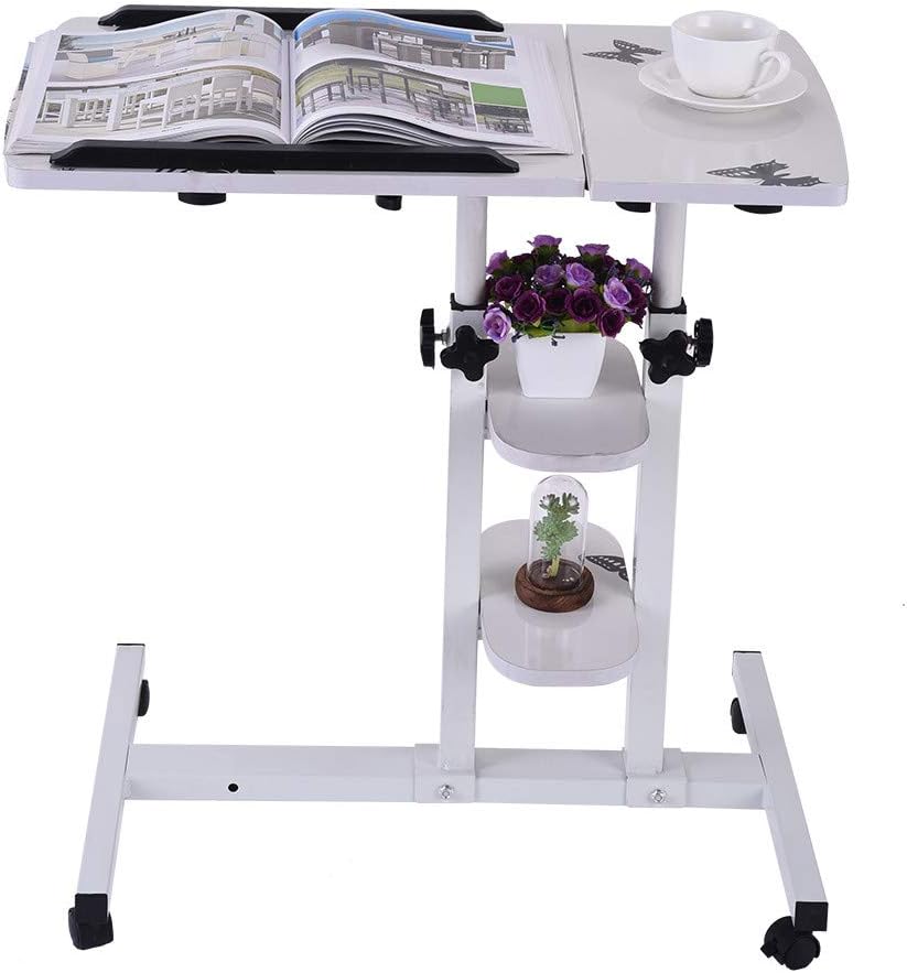 Xesvk Home Saving Space Computer Desk, US Stock-Height Adjustable with Wheels Sofa Side Table Slide Under Adjustable Console Table & Small Three -Tier Storage (White, 17.32inch×15.75inch)