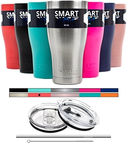 Tumbler 30 oz Color - Smart Coolers - Double Wall Stainless Steel Travel Tumbler Cup - Premium Insulated Mug - Leak-Proof &amp; Sliding Lid - Straw and Brush - Coral
