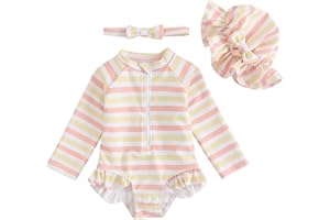 FishingDino Baby Swimsuit Girl Rash Guard Set 3M-3T, Long Sleeve UPF Toddler Bathing Suit with Hat & Headband, Buttom Snaps