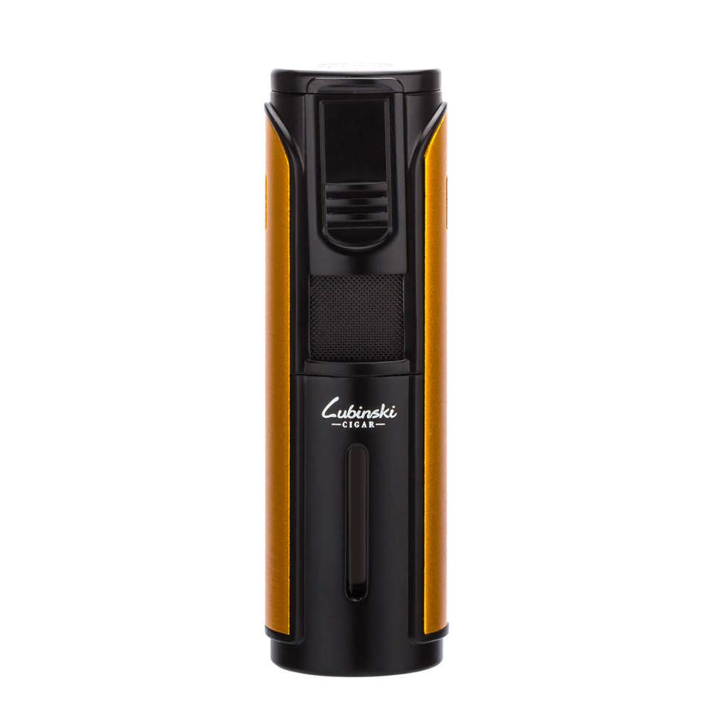 LUBINSKI Cigar Lighter, Windproof Butane Five Torch Jet Blue Flame, Yellow, Metal, Refillable