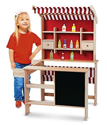 Leomark Kaufladen aus Holz - Supermarket - inklusive Kaufladenzubehör, Verkaufsstand mit Verkaufsregal, Frontablage und Tafel und Zubehör, Marktstand für Kinder, Höhe: 117 cm