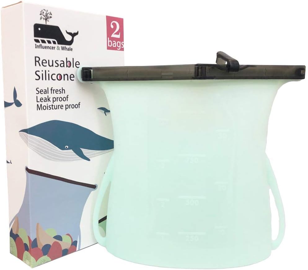 Reusable Premium Silicone Bag, Food Bag, Food Storage, Leak-Proof, foldable, Freezer Airtight Seal (Light Green (2 bags))