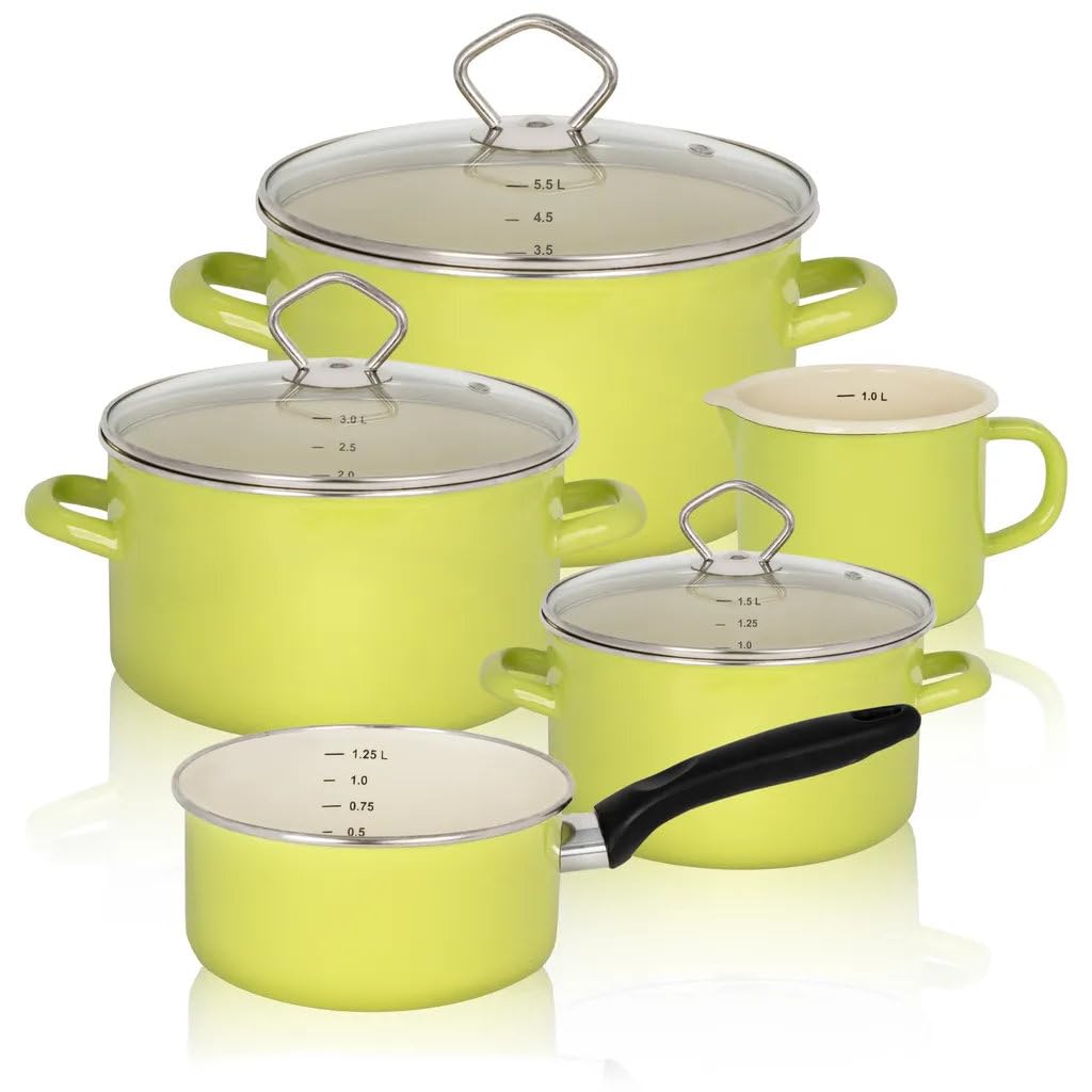 Krüger Karl 89566PAG Enamel Casserole Set Juist, Set of 5 Pastel Green