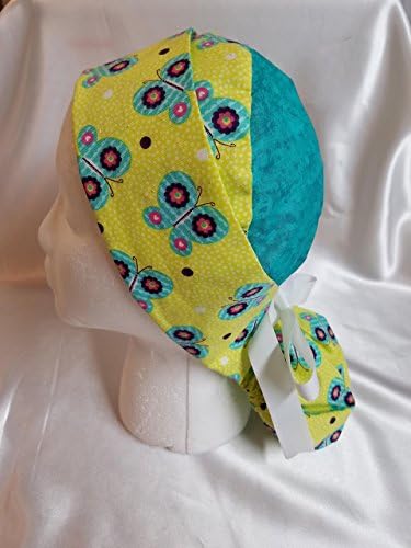 High Quality Handmade Women's Ponytail Scrub Hat Cap with Butterflies. One of a kind.