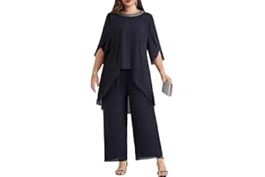 Hanna Nikole Plus Size Mother of The Bride Pant Suits 2 Piece Chiffon Sets Dressy Wedding Guest Outfit with High Low Hem