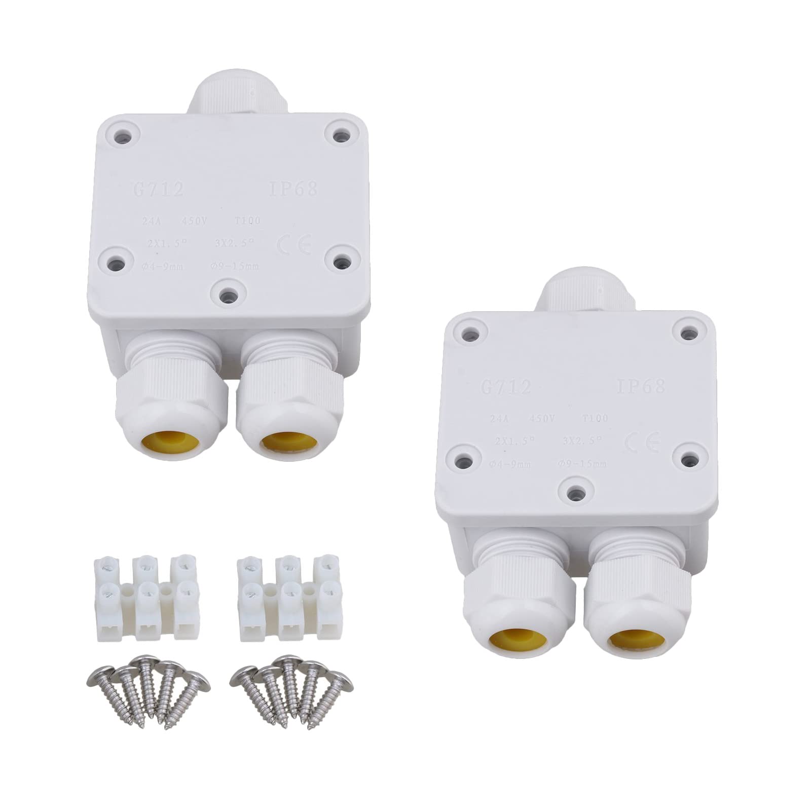 2Pcs Junction Box, IP68 Waterproof 3 Way External Cable Connector 94-V2 Retardant Enclosure with Terminal Screws for Ø4-9mm Ø9-15mm Wire (White)