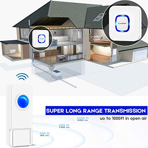 Coolqiya Wireless Doorbell Chime Waterproof Remote Door Bell Button Ring for Home, No Battery Required for Receiver 52 Ringtones, 1 Transmitter + 2 Receivers