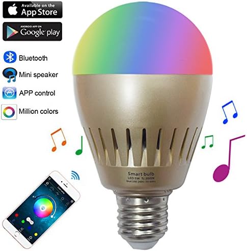 Santaro A19 Bluetooth Smart LED Speaker Bulb Dimmable RGB+W with Big Beam Angle - 7W Free Multi-functional APP Fit All E27 Lamps and Lanterns Fixtures for Indoor Care and Aura Decoration Golden