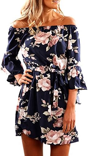 Shellyme Womens Off Shoulder Strapless Floral Print Pleated Summer Casual Dress
