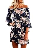 Yuandy Women Summer Off Shoulder Strapless Floral Print Pleated Dresses,Blue,X-Large
