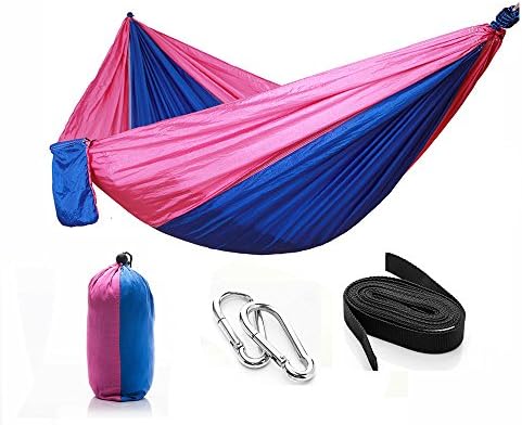 Miustyle Camping Backpacking Double Nylon Hammock With Hanging Straps&amp;Carabiners, Lightweight Portable For Travel, Beach, Patio Courtyard, With Max 500 lbs Breaking Capacity (Pink/Royal Blue)