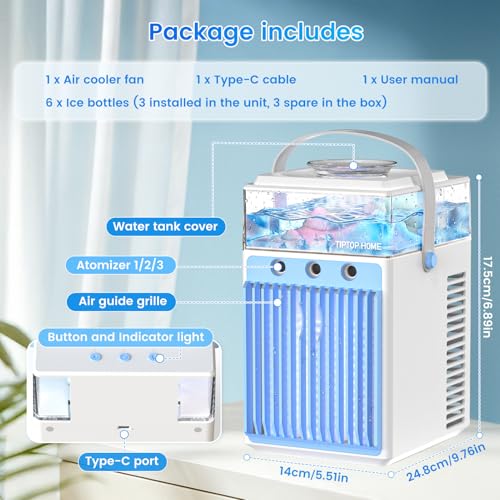 5 in 1 Mini Mobile Air Conditioner, Portable Fan, Air Conditioner Fan with 3 Speeds and 3 Mist Modes, APP Control, No Evacuation Air Conditioners for Room Car, 6 Ice Cubes