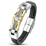 Areke Stainless Steel Braided Leather Bracelets for Men, Punk CZ Cuff Bracelet Bangle Gold 7.5-8.5 Inch Item Length 7.5 inch