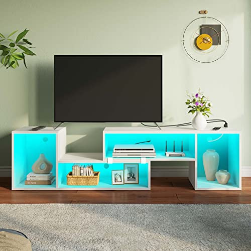 Rolanstar TV Stand, Deformable TV Stand with LED Strip & Power Outlets, Modern Entertainment Center for 45/50/55/60/65/70 inch TVs, Gaming TV Table 2 Pieces Media Console Cabinet, White