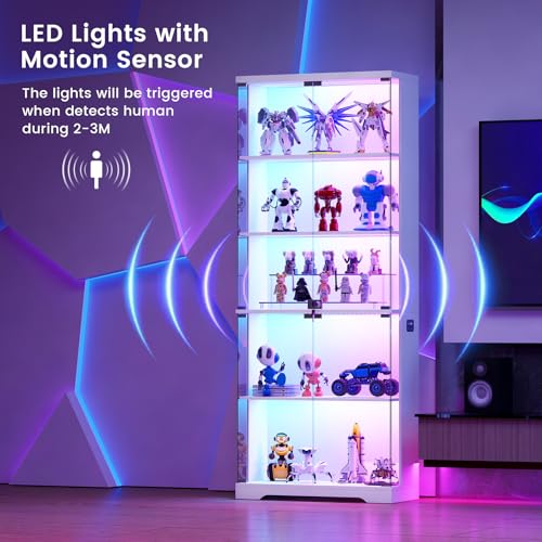 Dystler 69" RGB LED Display Cabinet 5-Tier Shelves & Lockable Glass Doors | 12 RGB Modes, Motion Sensor Auto-Light, Push-to-Open Glass Doors, Lockable, 5-Tier Wooden Shelf