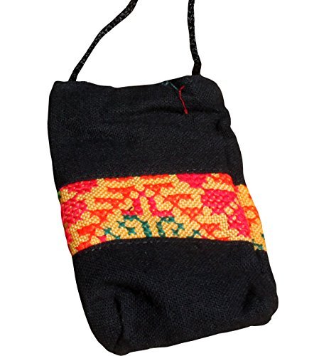 Full Funk Cotton Hmong Hill Tribe Mobile Phone Bag with Long Strap, Black Yellow