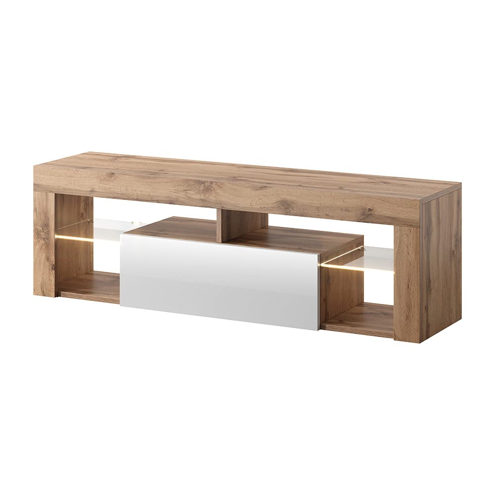 Selsey HUGO – Modern TV Unit/TV Cabinet (140cm, Lancaster Oak/Gloss White Front Panel with LED Lighting)